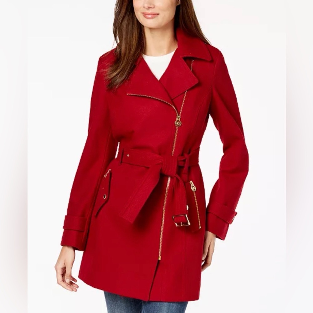 Michael Kors Red Women's Belted Wool-Blend Coat